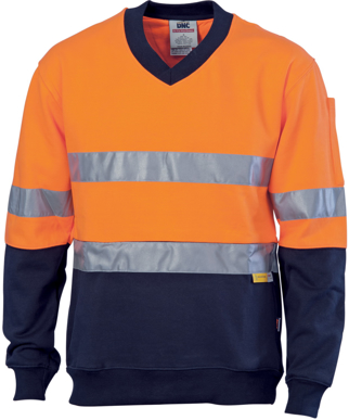 Picture of DNC Workwear-3924-HiVis Two Tone Cotton Fleecy Sweat Shirt V-Neck with 3M Reflective Tape
