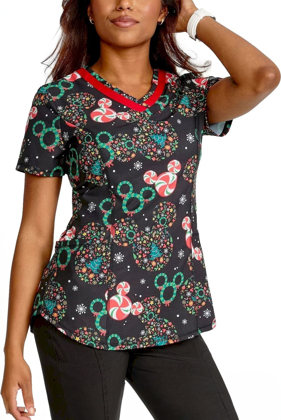 Picture of Cherokee Scrubs Womens Holiday Heads Scrub Top (TF769 MKZD)