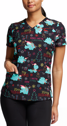 Picture of Dickies Merry Rex-mas Christmas Womens Printed V-Neck Scrub Top (DK876 MRRX)